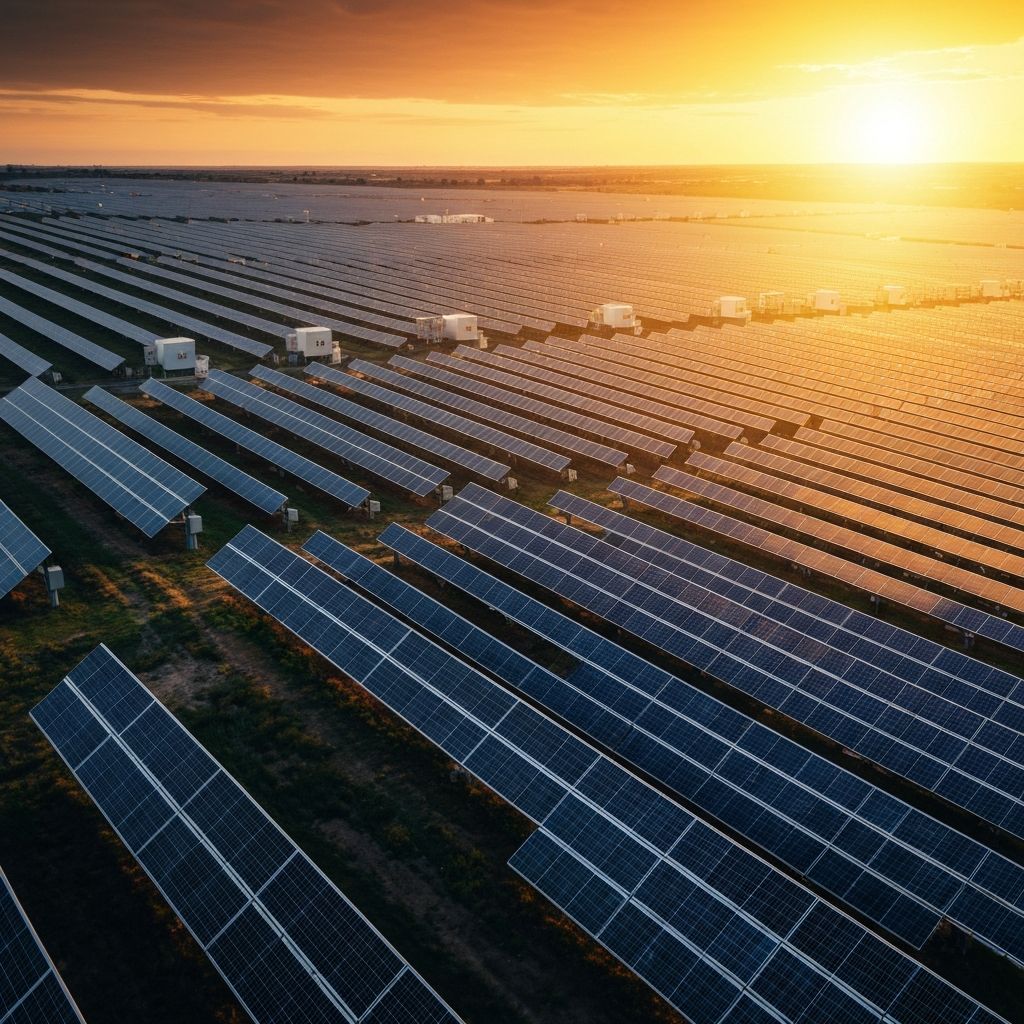 Solar panels at sunset representing renewable energy future